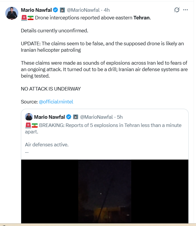 Social media post on X that highlighted a false alarm attack in Tehran as of 23 Apr 2026